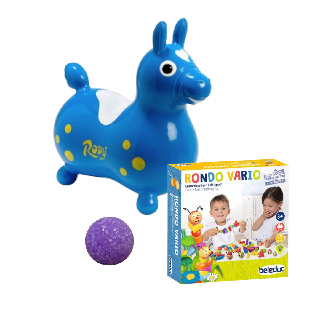 Laste arendavate mängude komplekt - nöörimismäng, hüppeloom ja põrkepall